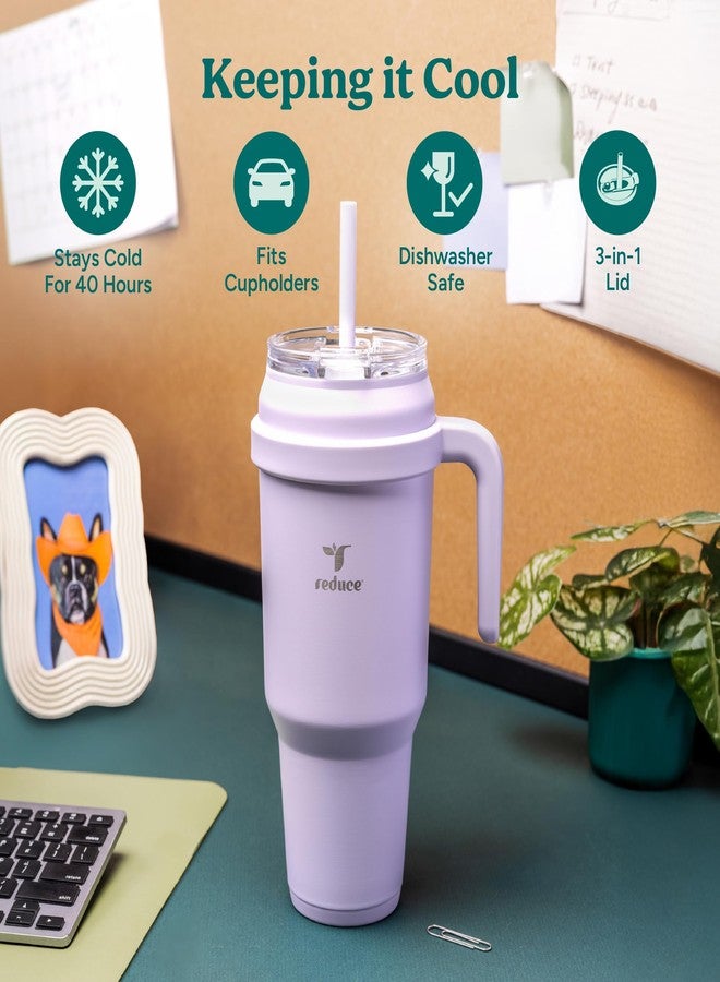 Reduce Reusable 50 oz Cold1 Water Tumbler – Ergonomic Handle – Double-Wall Insulation – Sturdy Desktop/Tabletop Mug with Lid and Straw -BPA-Free –Stainless Steel for Gym, Home, Office– Gentle Lavender - Image 3